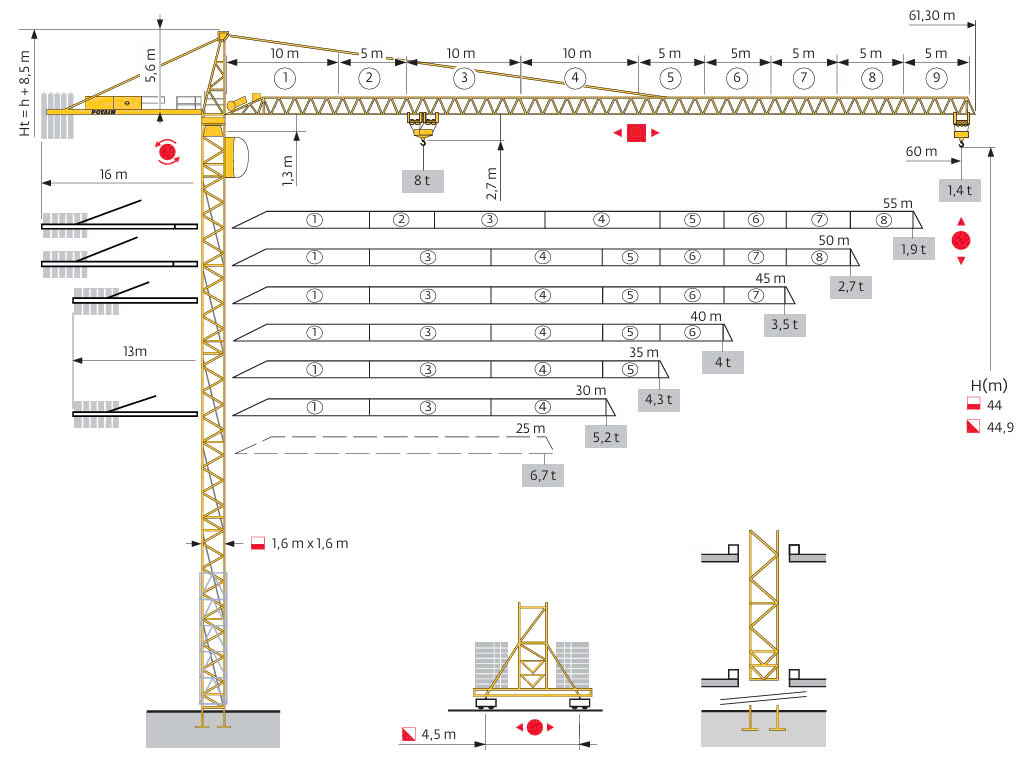 Cẩu tháp Potain MC 175B cho thuê, cẩu tháp xây dựng hiện đại, tải trọng nâng 8 tấn.