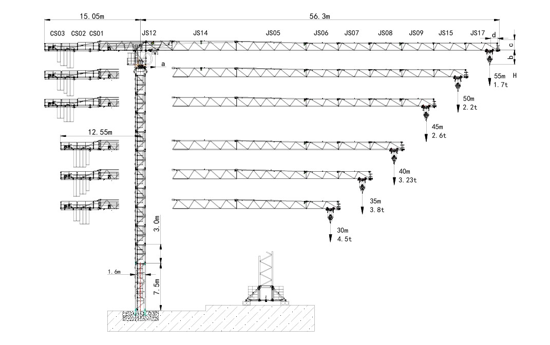 Bán kính làm việc cảu cẩu tháp LT5517-8A Bán kính làm việc cảu cẩu tháp LT5517-8A