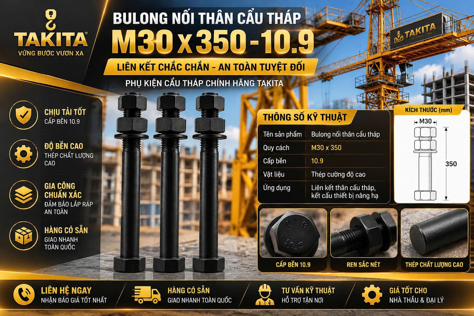 Bulong nối thân cẩu tháp M30x350 – cấp bền 10.9